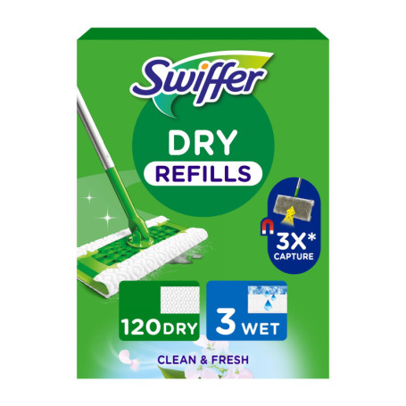 Swiffer Kit de Lingettes Attrape-Poussière - 120 Sèches et 3 Humides