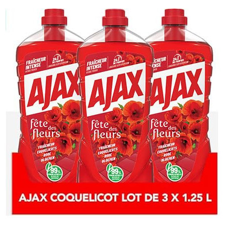Ajax Nettoyant Ménager Fête des Fleurs Coquelicot - Lot de 3 Flacons 1,25L