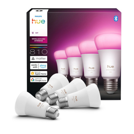 Philips Hue Ampoule Connectée LED A60 - Pack de 4, E27, Couleurs et Blancs, Intensité Variable