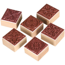 Lot de 6 Tampons en Gomme Carrés avec Poignée en Bois - Motifs Dentelle