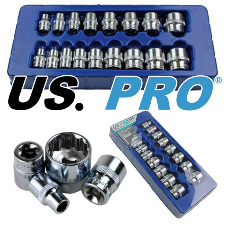 US PRO Lot de 17 Douilles 3/8" 12 Pans de 8 à 24 mm - Finition Polie