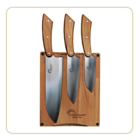 Set de 3 Couteaux Santoku avec Planche à Découper en Bois d'Olivier