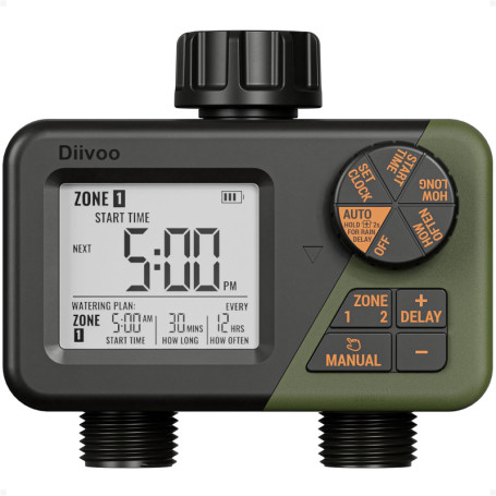 Minuteur d'Arrosage Diivoo 2 Sorties Étanche avec Grand Écran LCD