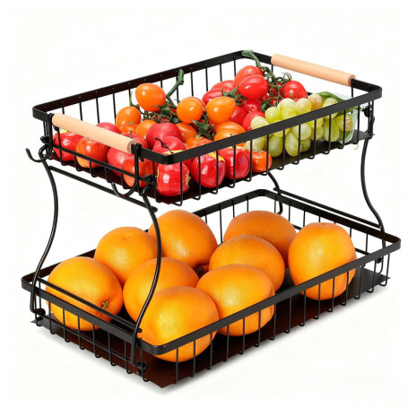 Corbeille à Fruits Romon à 2 Étages avec Cintres pour Bananes - Noir