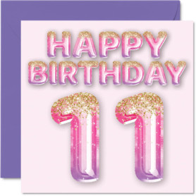 Carte d'anniversaire 11 ans fille - Ballons paillettes roses et violettes