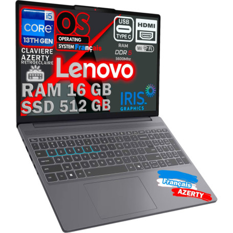 Lenovo Ideapad 15,6" - Intel i5-13420H, 16Go RAM, 512Go SSD, WiFi 6E, Clavier AZERTY