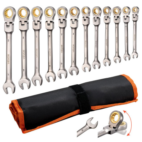 Jeu de Clés Mixtes VEVOR 12 Pièces avec Trousse Enroulable - Clé Plate à Cliquet Flexible 8 à 19 mm