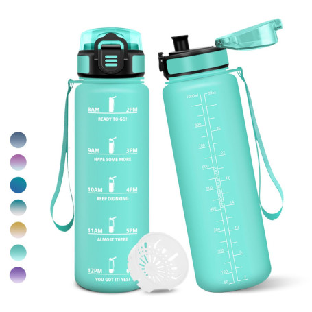 Gourde Sport 1000ML Anti-Fuite avec Horodatage - Bleu et Vert