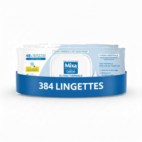 Lingettes Bébé Mixa à l'Eau Thermale - Lot de 8 Paquets Hypoallergéniques