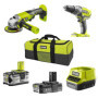 Pack Outils RYOBI 18V : Perceuse Percussion et Meuleuse d'Angle avec Batteries et Chargeur