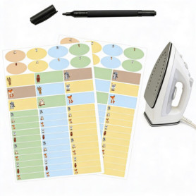 Kit de 100 Étiquettes Thermocollantes Animaux pour Enfants avec Feutre Indélébile