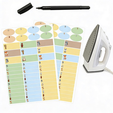 Kit de 100 Étiquettes Thermocollantes Animaux pour Enfants avec Feutre Indélébile