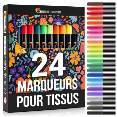 Zenacolor - Set de 24 Marqueurs Textiles Non-Toxiques pour Tissus