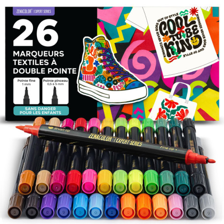 Kit de 26 Feutres Textiles Permanents Zenacolor - Double Pointe pour Créations Uniques