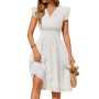 PASUDA Robe Femme Été Chic et Elegant Robes D'été Coton Col V Manches à Volants A-Line Midi Robe Courte Taille Haute Élastiquée 