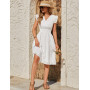 PASUDA Robe Femme Été Chic et Elegant Robes D'été Coton Col V Manches à Volants A-Line Midi Robe Courte Taille Haute Élastiquée 