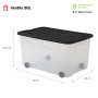 SUNDIS Ventilo, boîte de rangement avec roues, lot de 3, couvercle noir, 50l, en plastique transparent, superposables et empilab