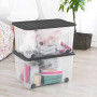 SUNDIS Ventilo, boîte de rangement avec roues, lot de 3, couvercle noir, 50l, en plastique transparent, superposables et empilab