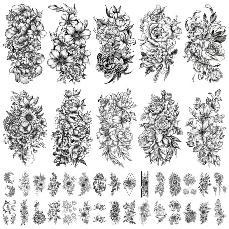 Tatouage temporaire de fleurs pour filles ou femmes 10 feuilles extra plus grandes et 30 feuilles imperméables minuscules faux t