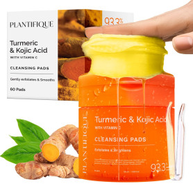PLANTIFIQUE Disques Nettoyants au Curcuma et Acide Kojique avec Céramides, Niacinamide et Vitamine C - 60 Disques Exfoliants Vis