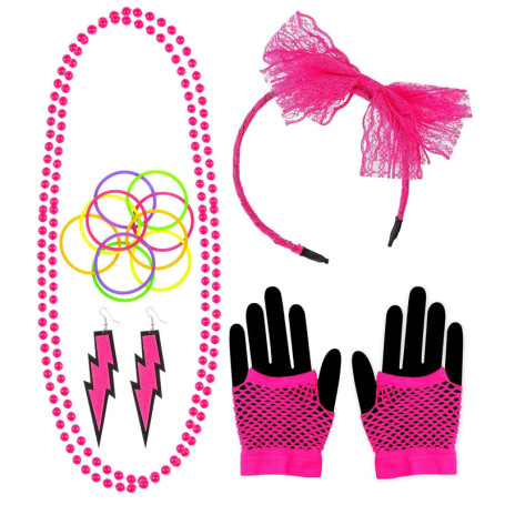 Ensemble d'Accessoires Années 80 - Serre-tête, Bijoux et Gants Fluo