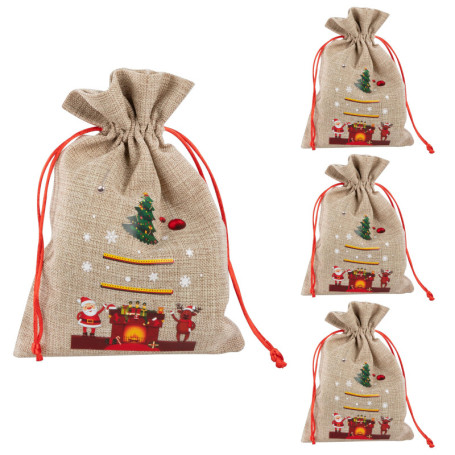 Sachets Cadeaux de Noël Idena - 4 Pochettes en Tissu avec Motif Festif