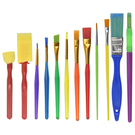 Lot de 12 pinceaux multicolores pour enfants - Aquarelle, huile et acrylique