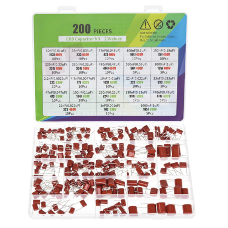 Lot de 200 Condensateurs en Polypropylène QWORK - 23 Valeurs de 1 nF à 1 µF