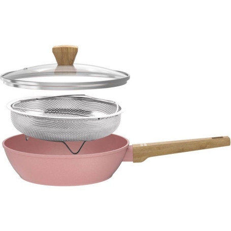 Sauteuse Arthur Martin Ø24 cm en Aluminium Rose avec Couvercle et Panier Inox