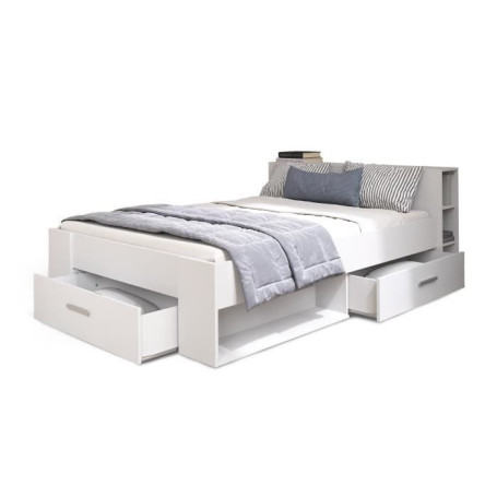 Lit Adulte Contemporain Oxygene Blanc Mat 140x190 cm avec Rangement