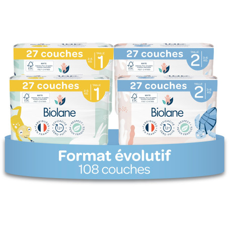 BIOLANE - Couches Bébé Taille 1 & 2 – Duo évolutif naissance (2 à 6 kg) – Peaux Sensibles - Ultra-Absorbant, Pas de Fuite, jusqu