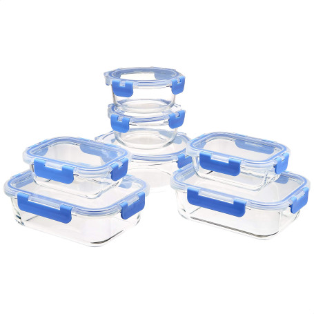 Amazon Basics verrouillables en Verre Stockage des Aliments, 14 pièces, 7 récipients et 7 couvercles sans BPA, Transparent avec 