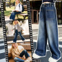 Domueay Jeans pour Filles Baggy Denim Pantalon Long avec Haute Taille Élastique, Loose Fit Doux Mode Casual Polyvalent Enfants V