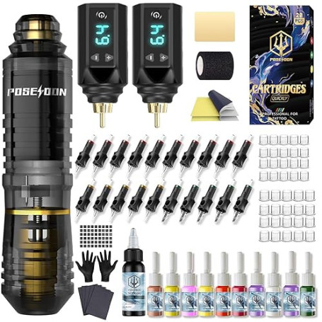 Kit de Machine à Tatouer Rotative Sans Fil POSEIDON avec 20 Cartouches d'Aiguilles,Encres & 2 Batteries Rechargeables | Pistolet