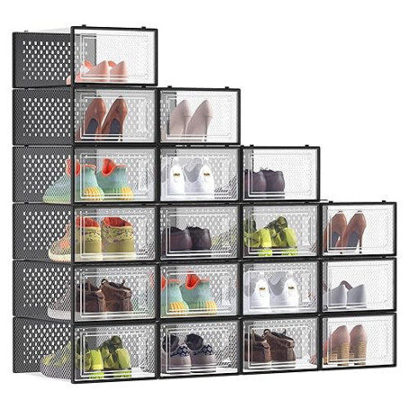 SONGMICS Boîtes à Chaussures, Lot de 18, Rangement Chaussures, Pliable, pour Pointure jusqu’à 44, Transparent et Noir LSP18SBKV1