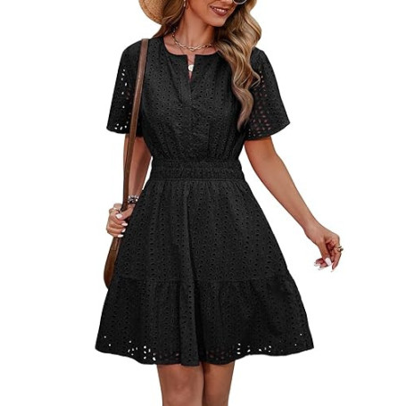 Svanco Robe Femme Été en Coton, Col en V, Manches Courtes, Longueur du Genou, Robes Chic et Elegant Amincissantes à Taille Haute