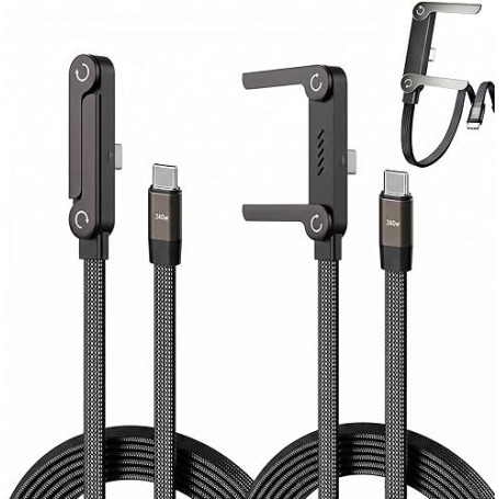 Lot de 2 Câbles 2 en 1 240W USB C vers USB C avec Support Téléphone 360°, Cordon Charge Rapide Coudé 90°, Nylon Tressé 1,5 m, Tr