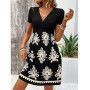 EIRUKON Robe Ete Femme Col V Chic et Elegant Manches Courtes Mini Robe A-Line Décontractée Robes Taille Haute pour Fête Noël Mar