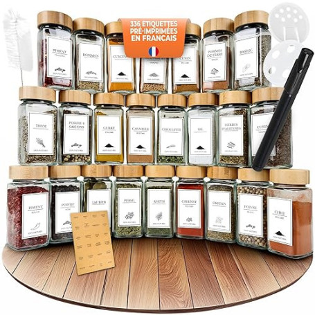 comforder – Pots à Épices en Verre et Bois + 336 Étiquettes Françaises pour Épices + 2 Moulins – 24 Bocaux de Cuisine 120 ml