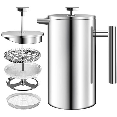 KICHLY Cafetière à piston en acier inoxydable - Machine à expresso et à thé avec triple filtres - Verre résistant à la chaleur a
