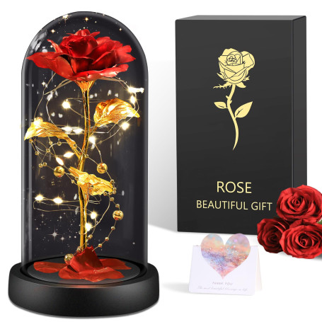 BOLEi Rose Eternelle Cadeau pour Femmes, Rose sous de La Belle et La Bête, Rose Rouge avec LED, Cadeau Saint Valentin pour Femme