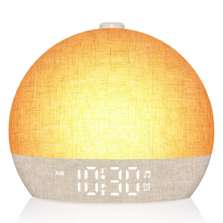 Réveil Lumineux Simulateur d'Aube, Reveil Matin avec 7 Sonneries, Lampe de Chevet 20 Niveaux de Luminosité, 30 Sons Naturels, Sn