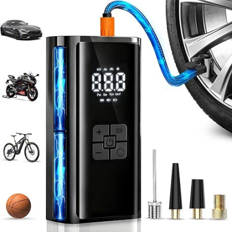 Gonfleur Pneus Voiture Sans Fil, Compresseur à Air Portatif, 150PSI (10,3 Bar) 6000mAh Mini Compresseur Portable avec Lumière LE