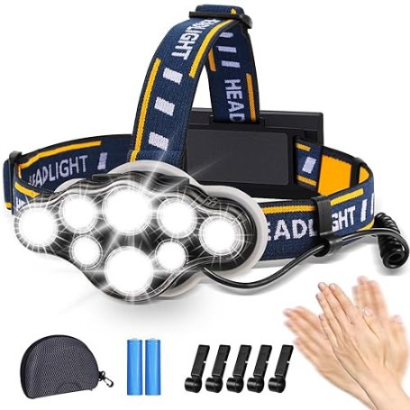 Lampe Frontale LED Rechargeable, Ultra Puissante Lampe à 8 Del de 18000 Lumens, Torche Frontale Étanche et Léger, Parfait pour L