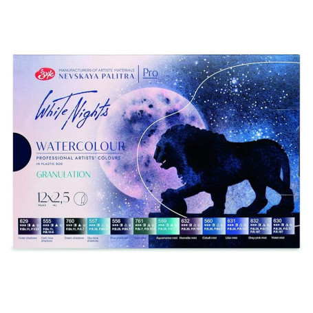 White Nights aquarelle d'artistes russes en "set de granulation", boîte en plastique blanche avec 12 couleurs granulées dans de
