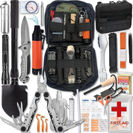 Kit de Survie Complet Francais Haute Qualité + Trousse de Secours + Paille Filtrante + Outils Multifonction + Pince Multifonctio