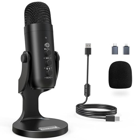 ZealSound Micro Podcast USB à Condensateur - Réduction du Bruit Microphone pour PC, téléphone & iPhone, avec Muet, Gain & Echo,