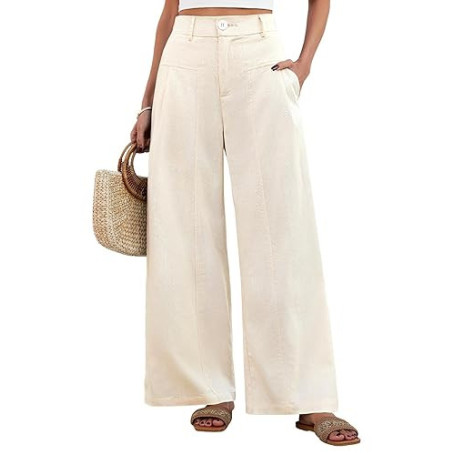 Fashora Pantalon Femme Été Lin Pantalons Taille Elastique Fluide Pantalons Chic et Elegant Ample Pantacourt Léger Décontractés P