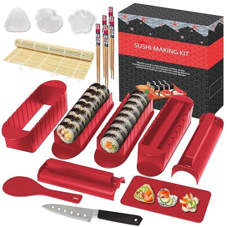 HI NINGER Kit Sushi Maker Set - Édition Deluxe : Ensemble De 20 Pièces pour Débutants avec Natte De Roulage, Moules À Riz, Coute