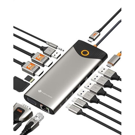 NOVOO Docking Station d'accueil USB C, 15-en-1, 2 HDMI 4K@60Hz, VGA, USB-C/A 5Gbps, Lecteur SD/TF, Ethernet Gigabit, 100W PD – B